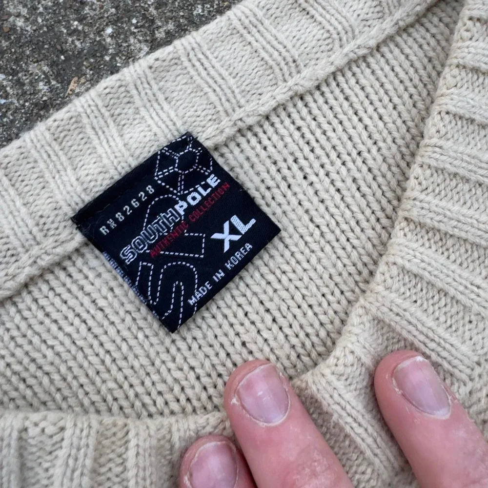 Vintage Y2K Southpole Knit Sweater Script Logo Streetwear Cream XL b3